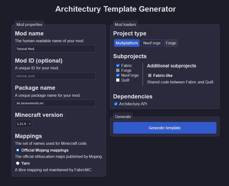Screenshot showing the architectury template generator with the settings described above